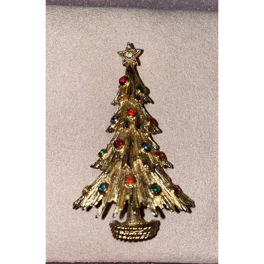 Vintage Monet Marked, Multicolor Gemstone, Gold Plated Christmas Tree Brooch Pin